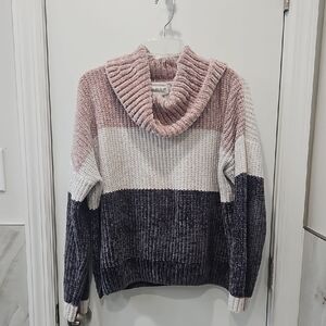 Olive+Oak  Pink, White, and Grey Chenille Cowl Neck Sweater